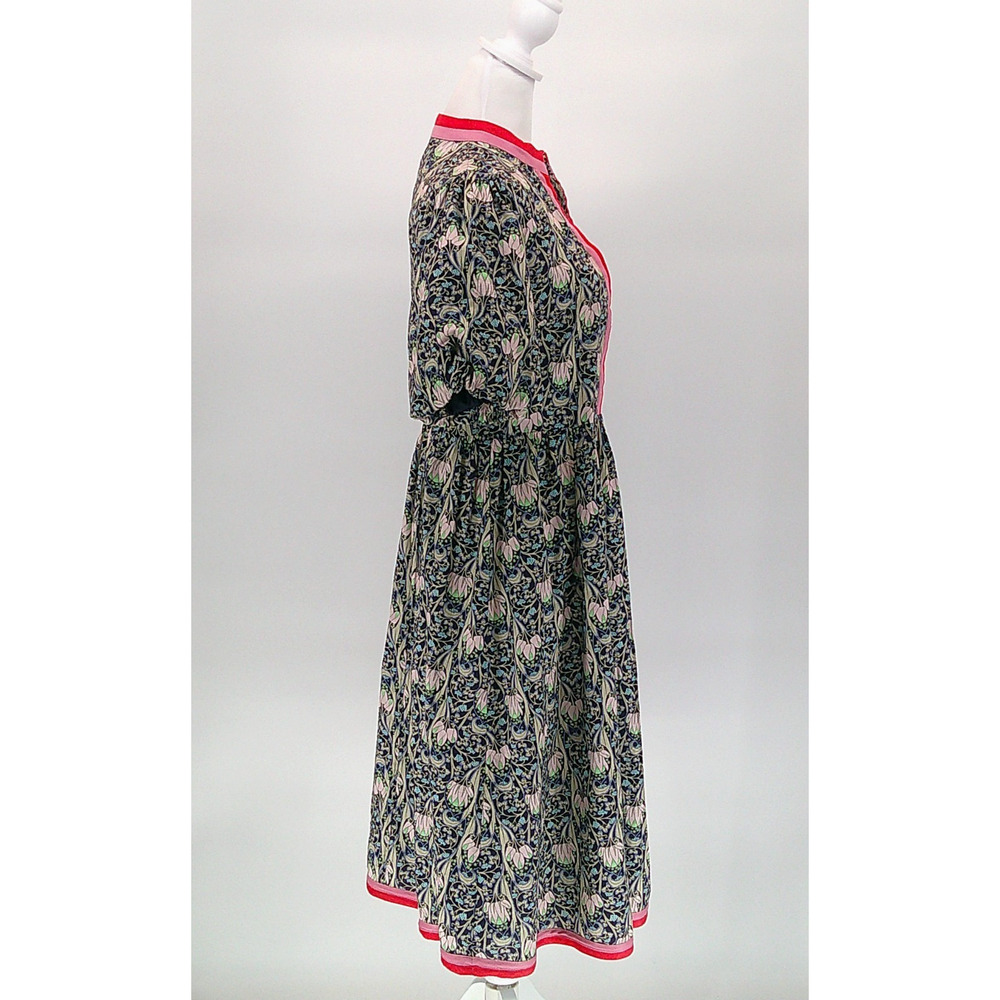 Women's Floral Print Midi Dress Sz M Voy Puff Sleeve Boho Chic Navy Pink Casual - Picture 5 of 11
